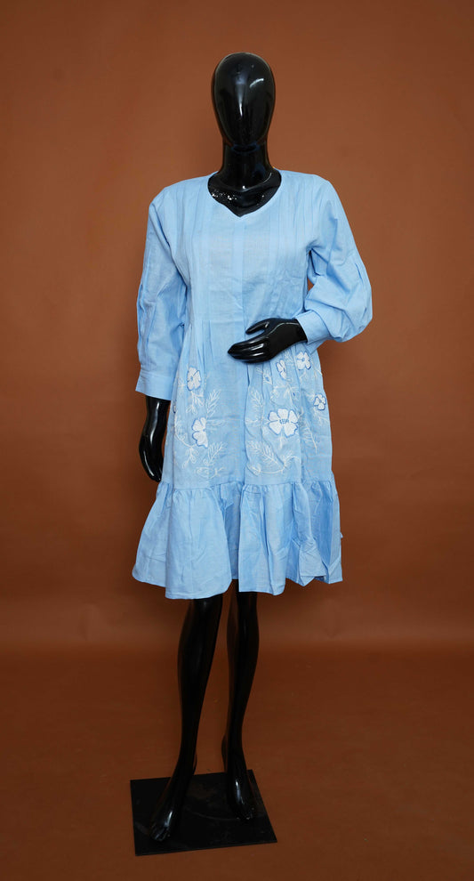 Sky Blue Premium Cotton Knee Length Top with White Floral Embroidery – Premium Ethnic Tops (Medium - 2XL)