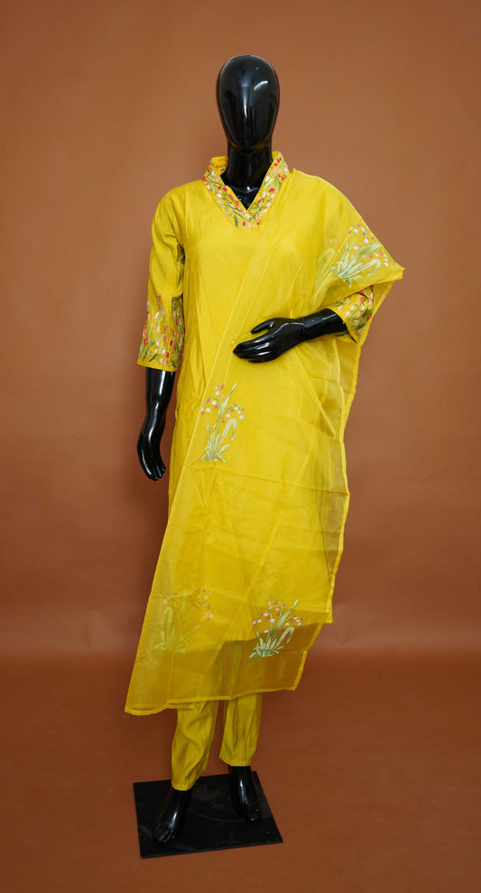 Yellow A-Line Ready-Made Dress with Beautiful Work – Medium to 2XL