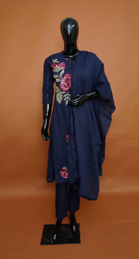 Midnight Navy Blue Pure Mul Cotton A-Line Suit Set with Bold Rose Embroidery – Medium to 3XL
