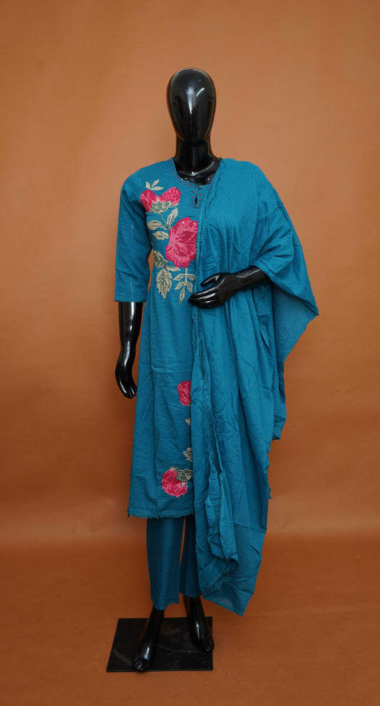 Peacock Blue Pure Mul Cotton A-Line Kurta Set with Bold Magenta Rose Embroidery – Medium to 3XL