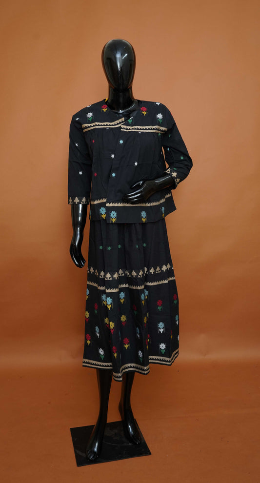 Midnight Black Hand-Woven Jamdani Co-ord Set | Ethnic Jacket & Tiered Skirt (Medium - 3XL)