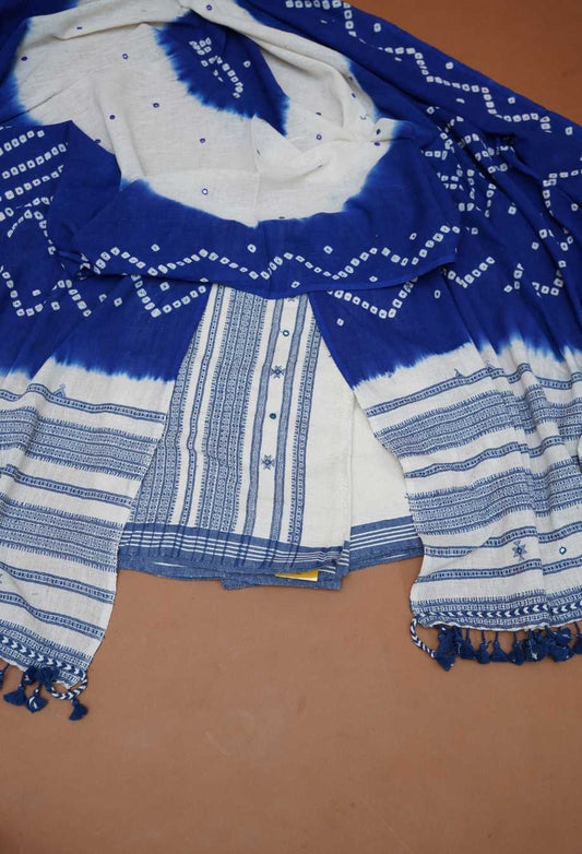 Royal Blue & Off-White Pure Handloom Kutch Kala Cotton Bhujodi 3-Piece Dress Material