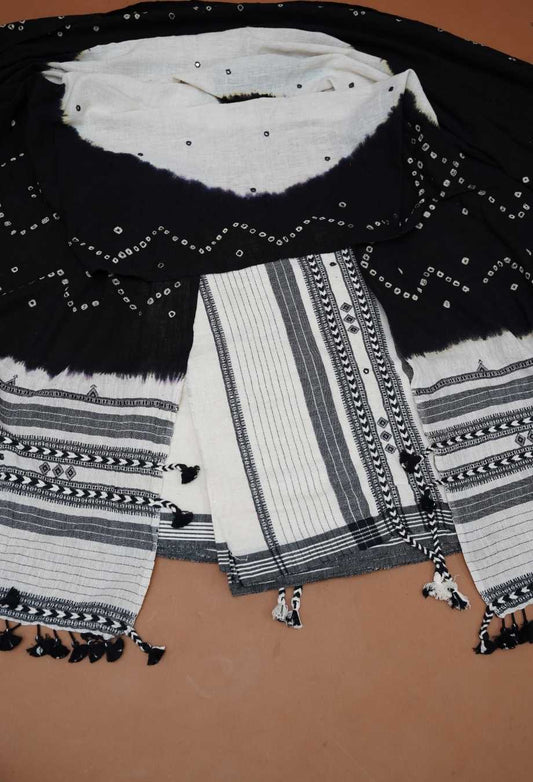 Jet Black & Off-White Pure Handloom Kutch Kala Cotton Bhujodi 3-Piece Dress Material