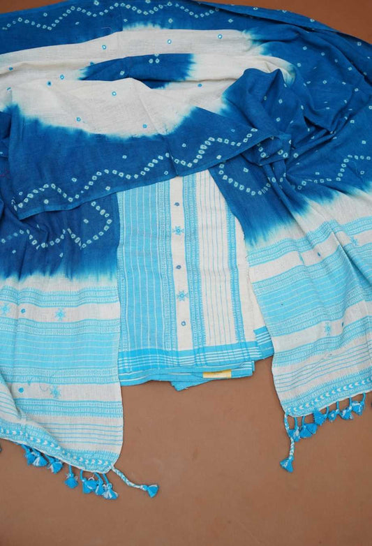 Indigo & Off-White Pure Handloom Kutch Kala Cotton Bhujodi 3-Piece Dress Material