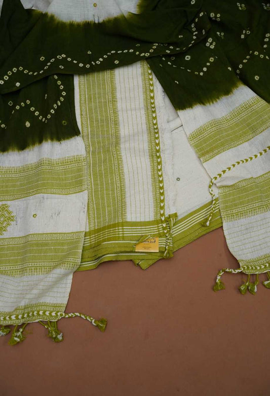 Moss Green & Off-White Pure Handloom Kutch Kala Cotton Bhujodi 3-Piece Dress Material