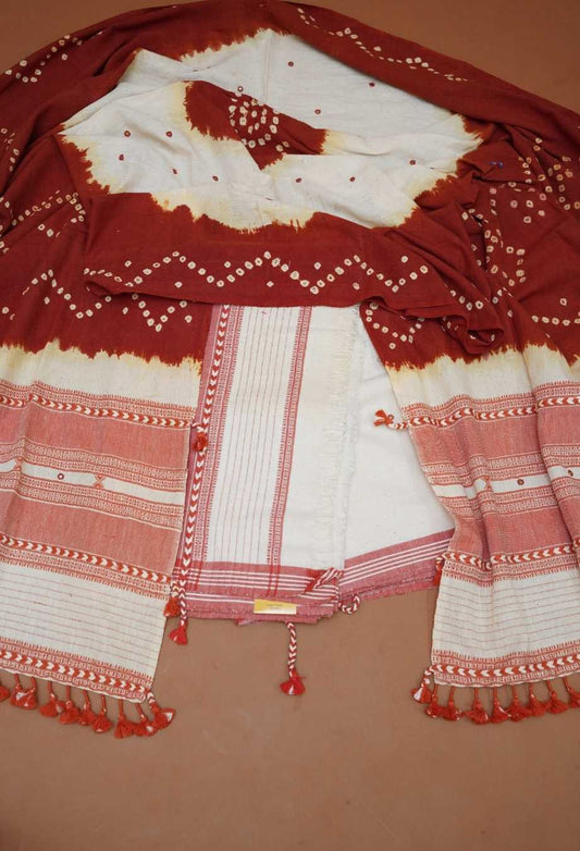 Crimson Maroon & Off-White Pure Handloom Kutch Kala Cotton Bhujodi 3-Piece Dress Material