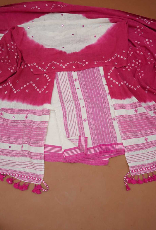 Fuschia Pink & Off-White Pure Handloom Kutch Kala Cotton Bhujodi 3-Piece Dress Material