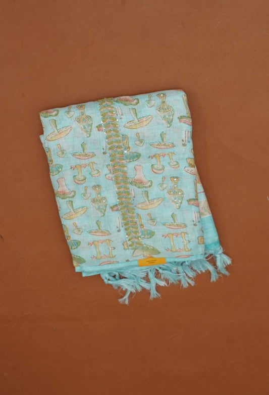 Sky Blue Pure Handloom Linen 3 Piece Dress Material | Sequin Yoke