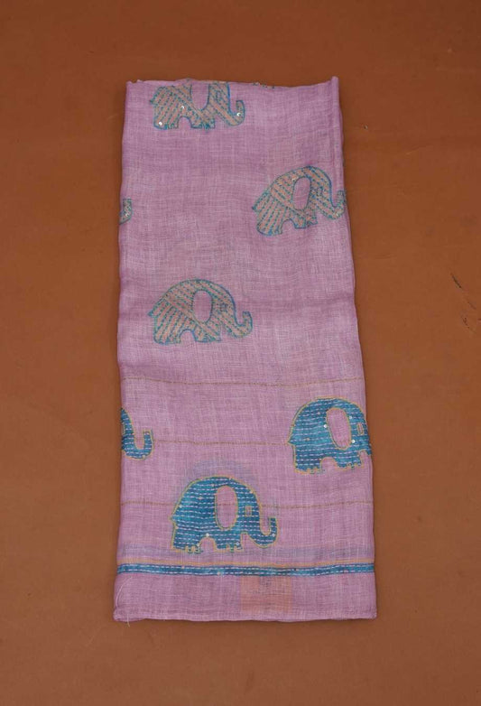 Lavender Pink Pure Handloom Linen 3-Piece Dress Material | Elephant Motifs