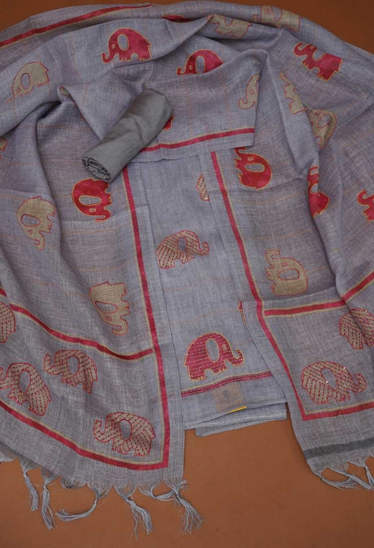 Steel Grey Pure Handloom Linen 3-Piece Dress Material | Elephant Motifs