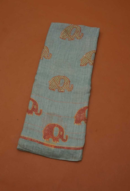 Icy Blue Pure Handloom Linen 3-Piece Dress Material | Elephant Motifs