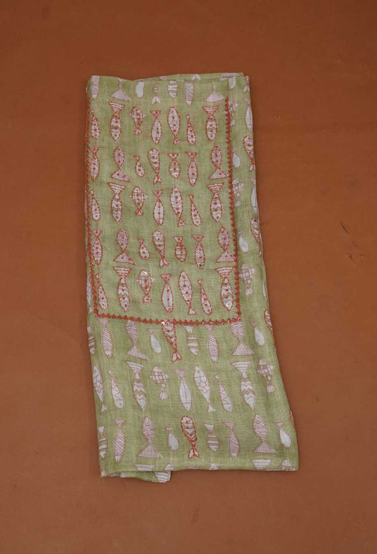 Sage Green Pure Handloom Linen 3 Piece Dress Material | Whimsical Fish Print