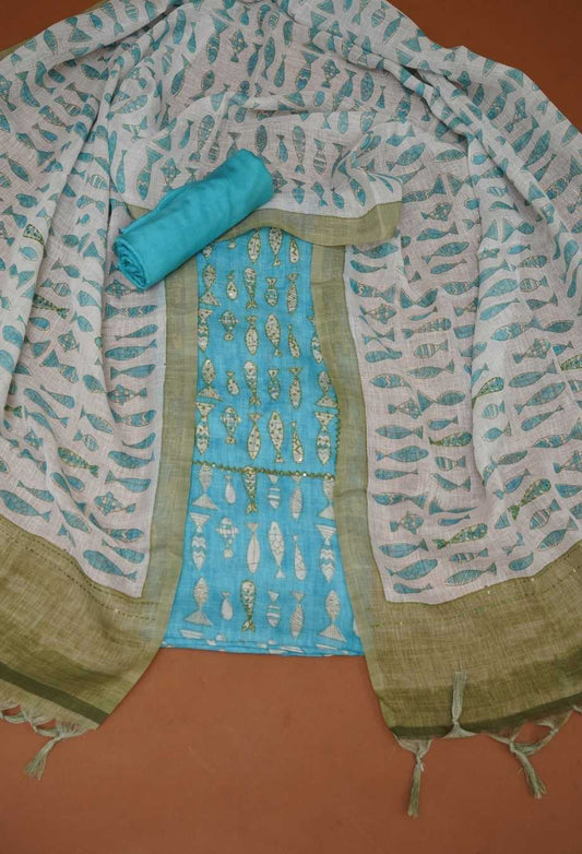 Turquoise Blue Pure Handloom Linen 3 Piece Dress Material | Fish Print