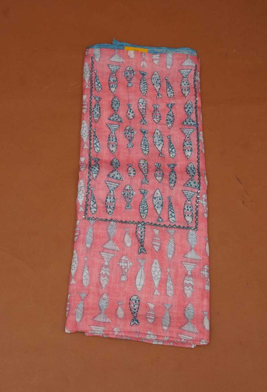 Coral Pink Pure Handloom Linen 3 Piece Dress Material | Whimsical Fish Print