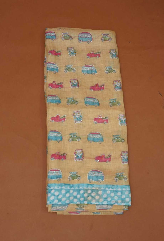 Honey Mustard Pure Handloom Linen 3-Piece Dress Material | Vintage Car Motifs