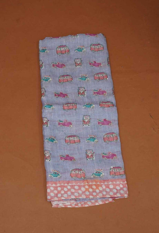 Steel Grey Pure Handloom Linen 3-Piece Dress Material | Vintage Car Motifs