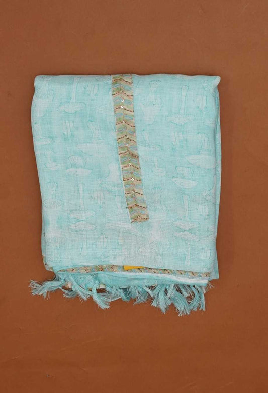 Seafoam Aqua Pure Handloom Linen 3 Piece Dress Material | Sequin Yoke