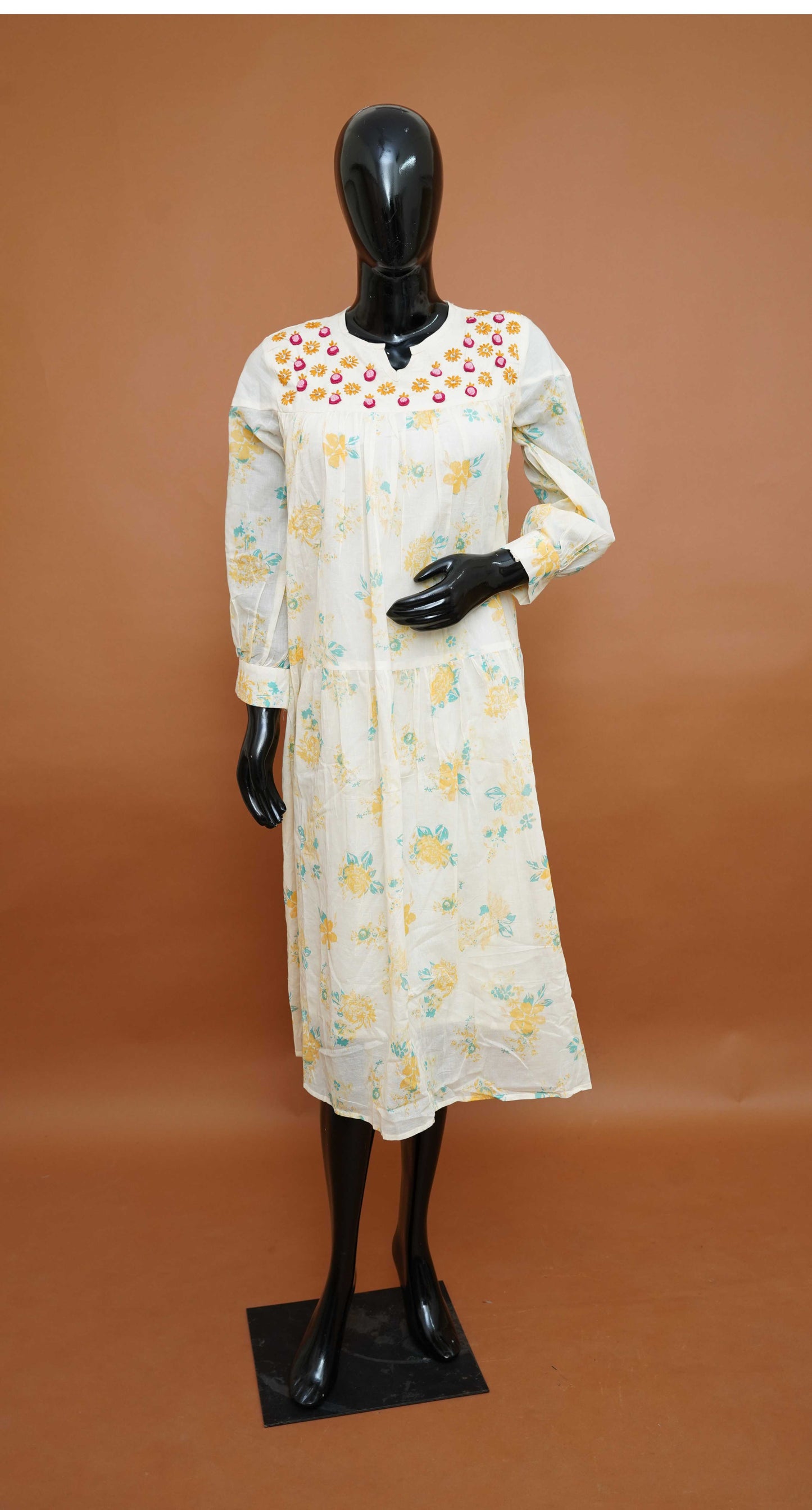 Elegant Premium Mul Cotton Kurti | Hand-Embroidered Floral Yoke in Off-White – Mul Cotton Tops for Women (Medium - 3XL)