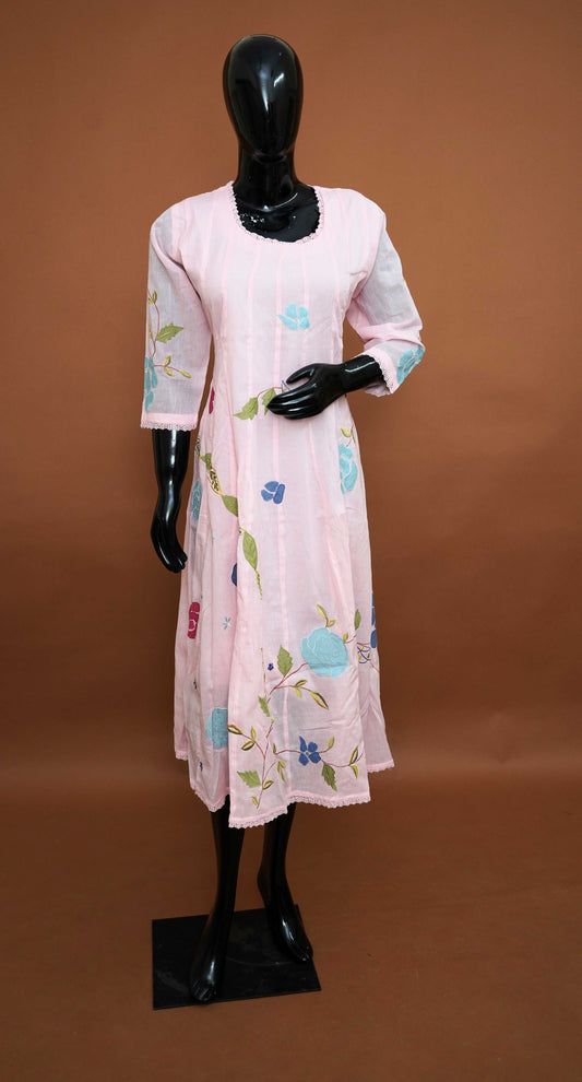 Blush Pink Pure Cotton A-Line Kurti | Hand-Painted & Embroidered Pure Cotton A-Line Frock Style Top (Medium - 2XL)