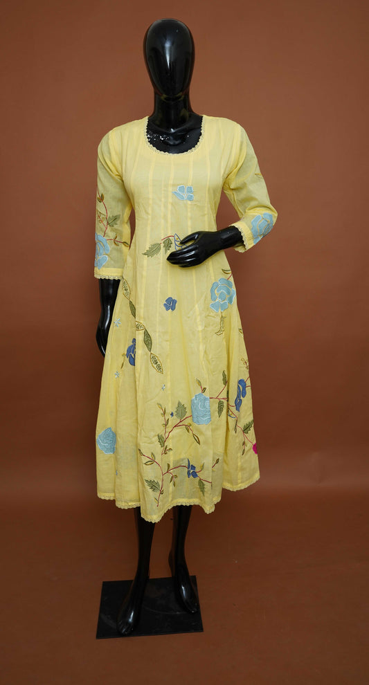 Sunny Yellow Pure Cotton A-Line Kurti | Hand-Painted & Embroidered Pure Cotton A-Line Frock Style Top (Medium - 2XL)