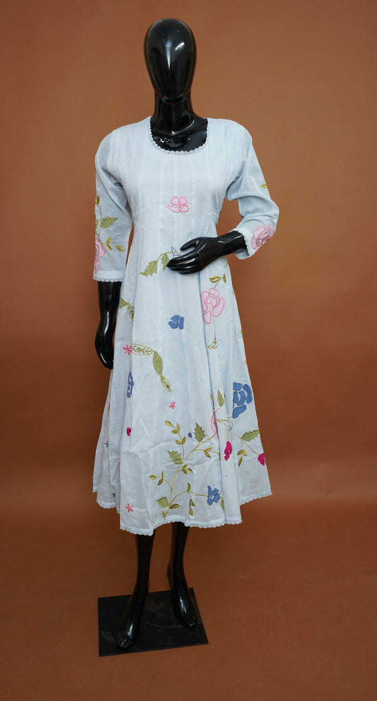 Icy Blue Pure Cotton A-Line Kurti | Hand-Painted & Embroidered Pure Cotton A-Line Frock Style Top (Medium - 2XL)