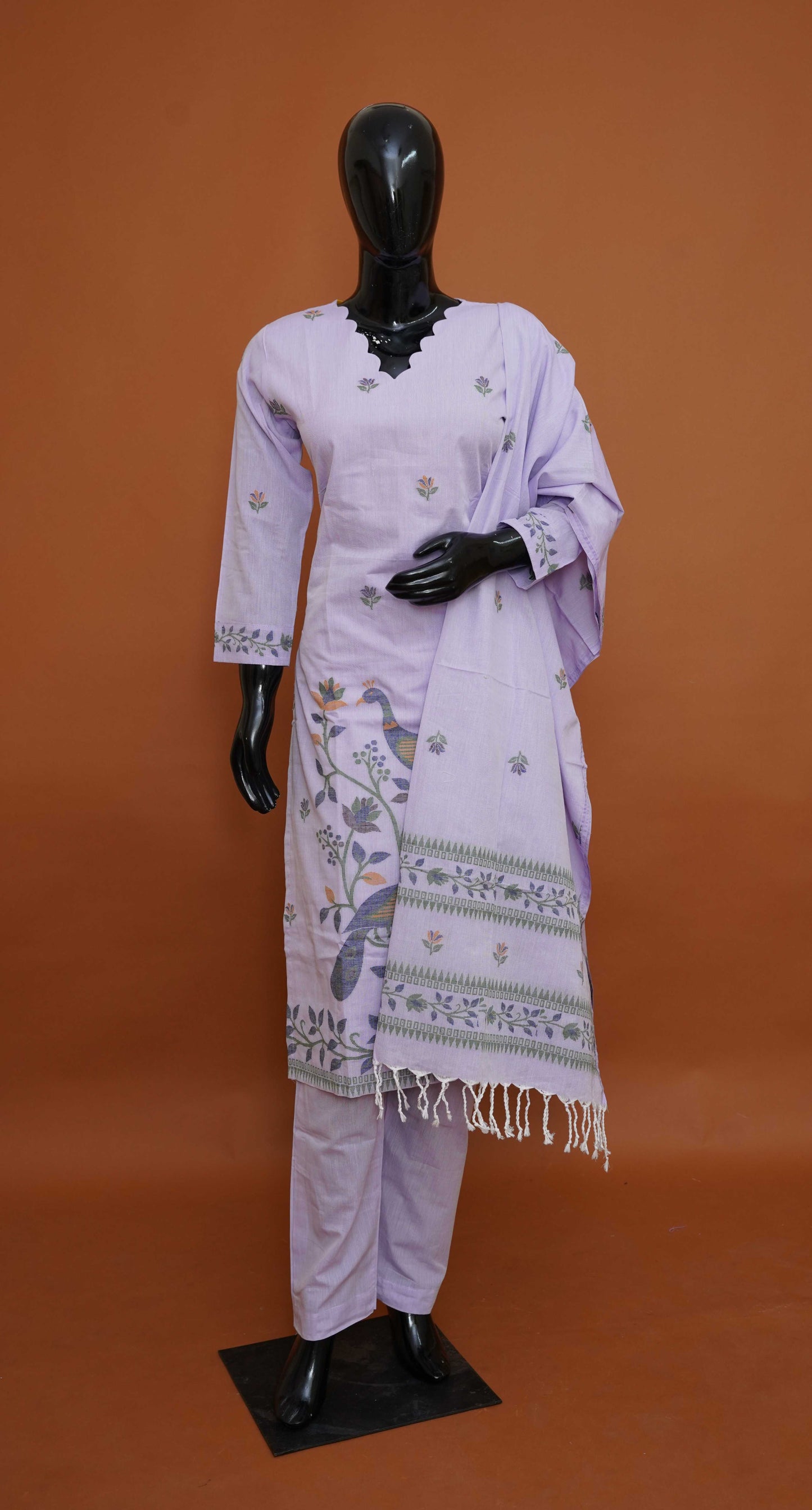 Lavender Premium Pure Cotton Jamdani 3-Piece Ready-to-Wear Dress Set – Medium to 3XL