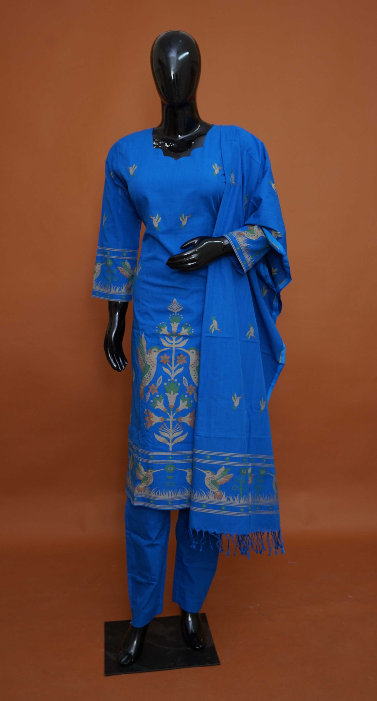 Royal Blue Premium Pure Cotton Jamdani 3-Piece Ready-to-Wear Dress Set – Medium to 3XL