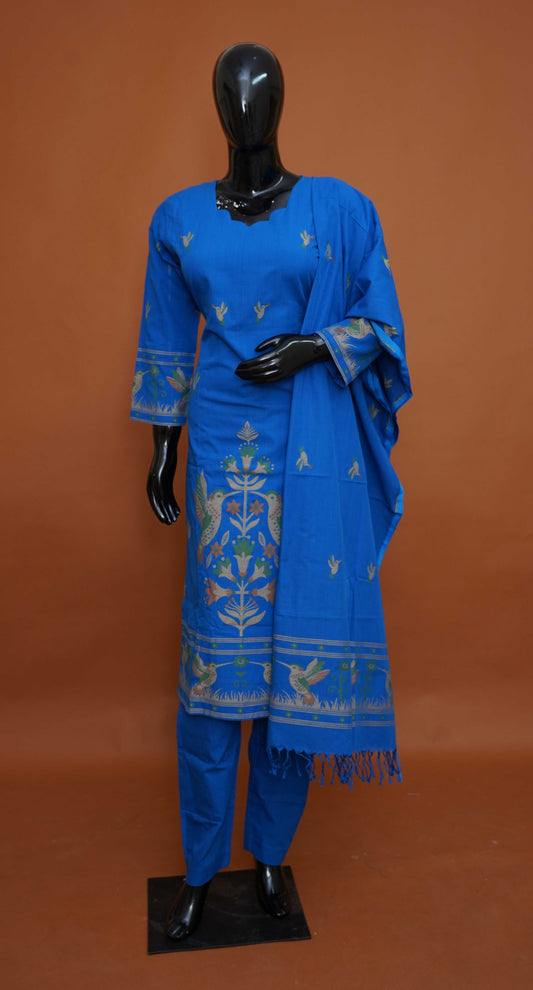 Royal Blue Premium Pure Cotton Jamdani 3-Piece Ready-to-Wear Dress Set – Medium to 3XL