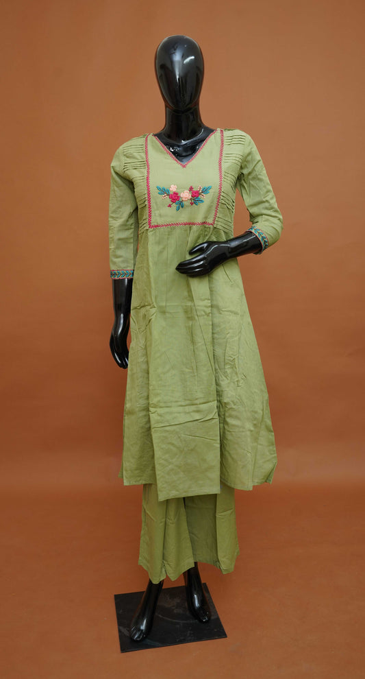 Olive Green Premium Pure Mul Cotton 2-Piece Readymade Salwar Suit Set – Medium to 2XL