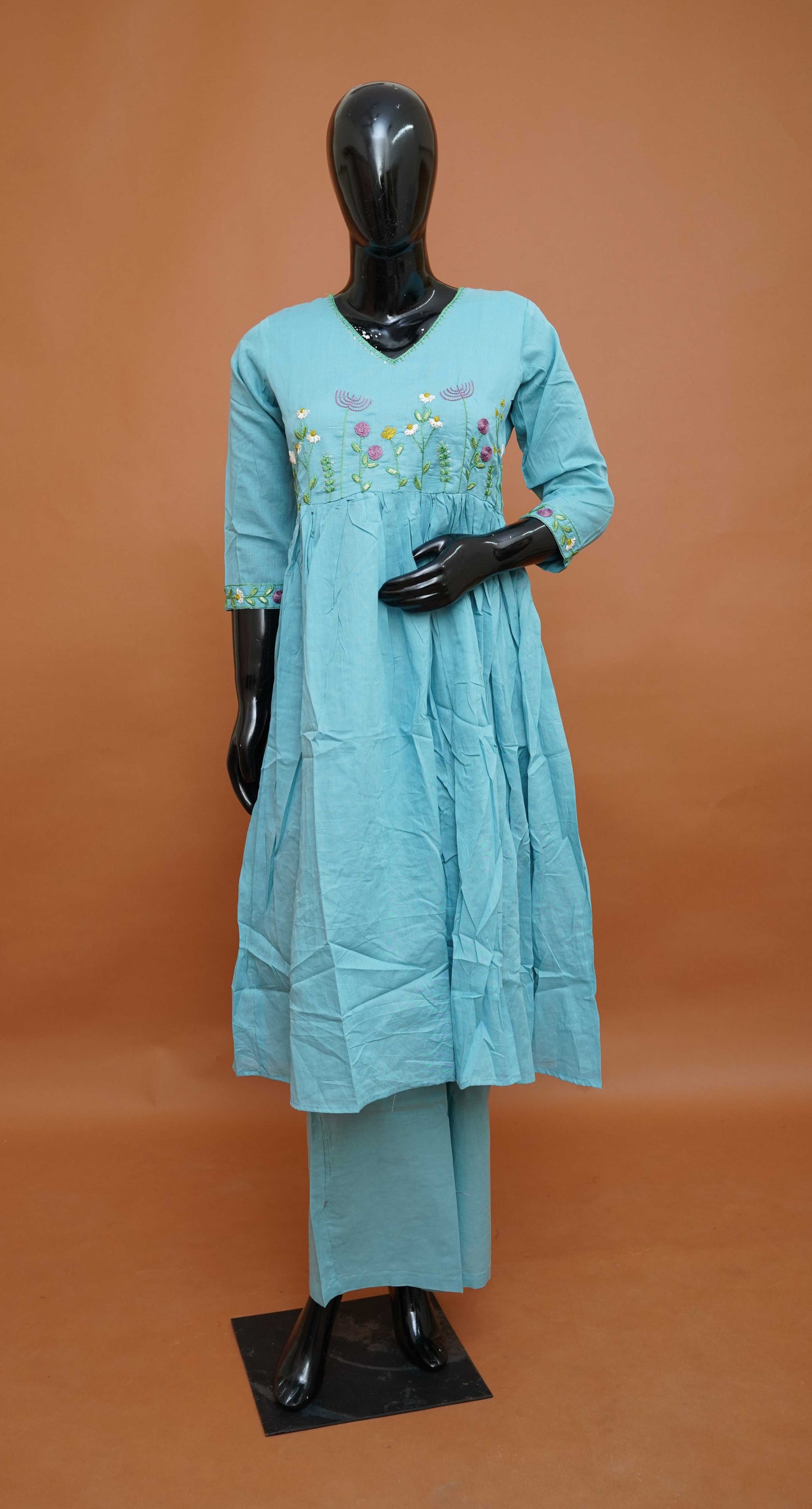 Sky Blue Premium Pure Mul Cotton 2-Piece Readymade Salwar Suit Set – Medium to 2XL