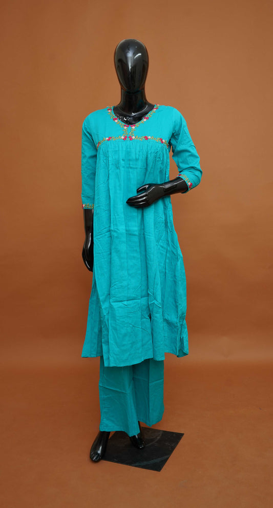 Turquoise Blue Premium Pure Mul Cotton 2-Piece Readymade Salwar Suit Set – Medium to 2XL