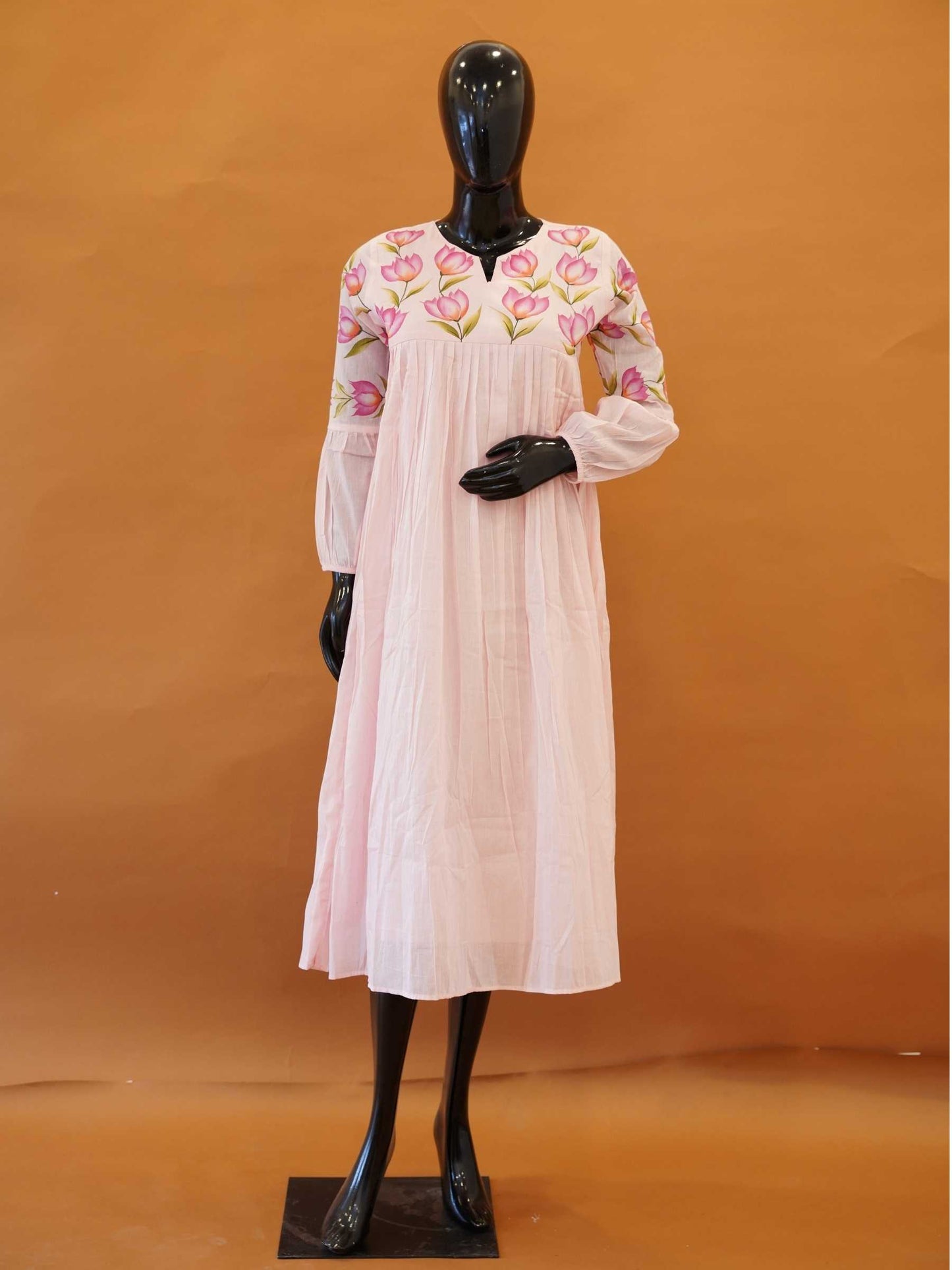 Handloomed Blush Pink Mul Cotton Gathered Midi Dress with Tulip Handprints – Medium