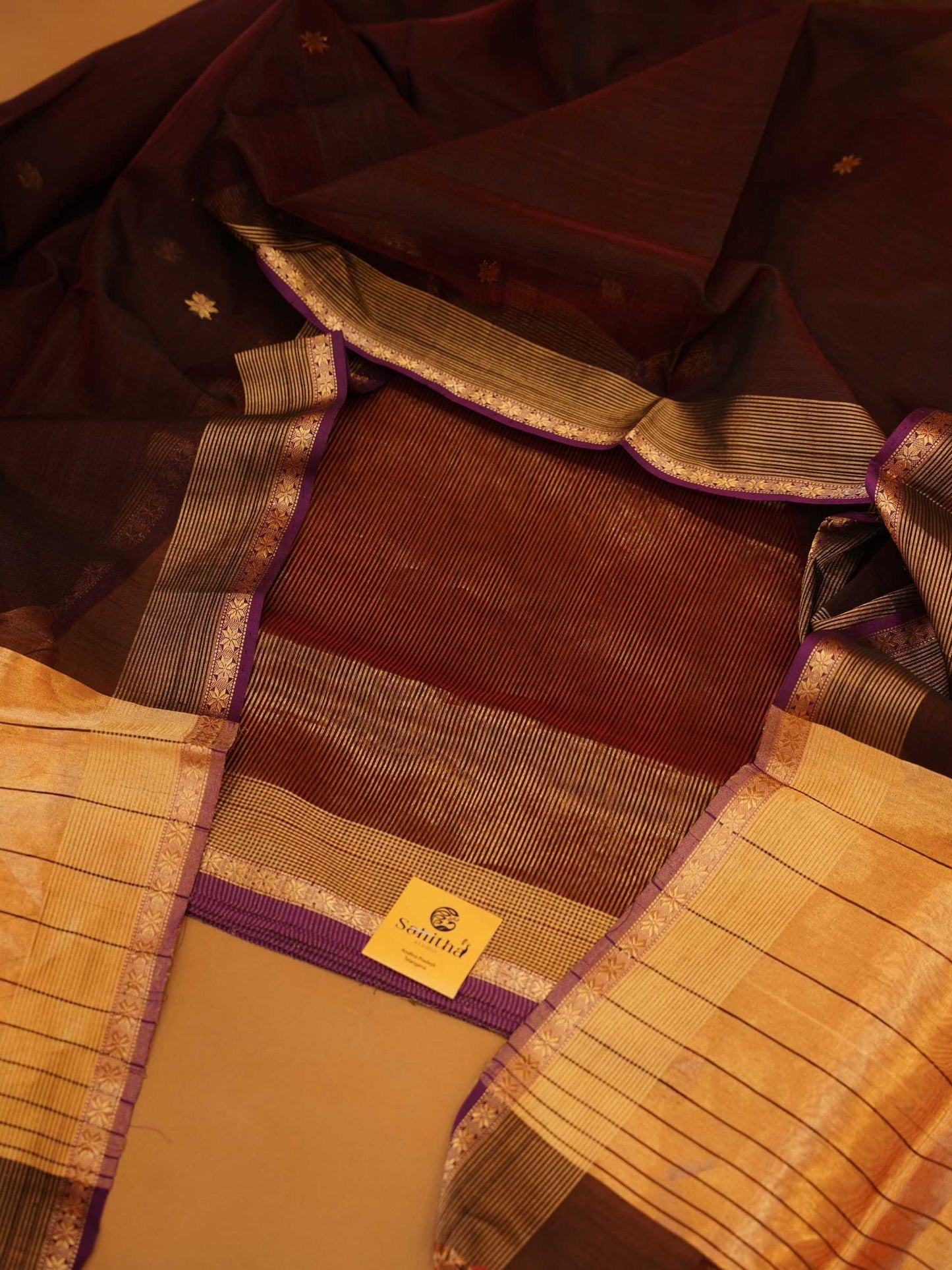 Handloom Deep Wine Maheshwari Silk 2-Piece Dress Material with Gold Zari Borders