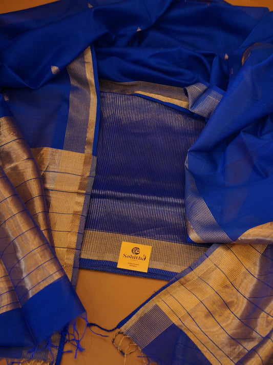 Handloom Royal Blue Maheshwari Silk 2-Piece Dress Material with Gold Zari Borders