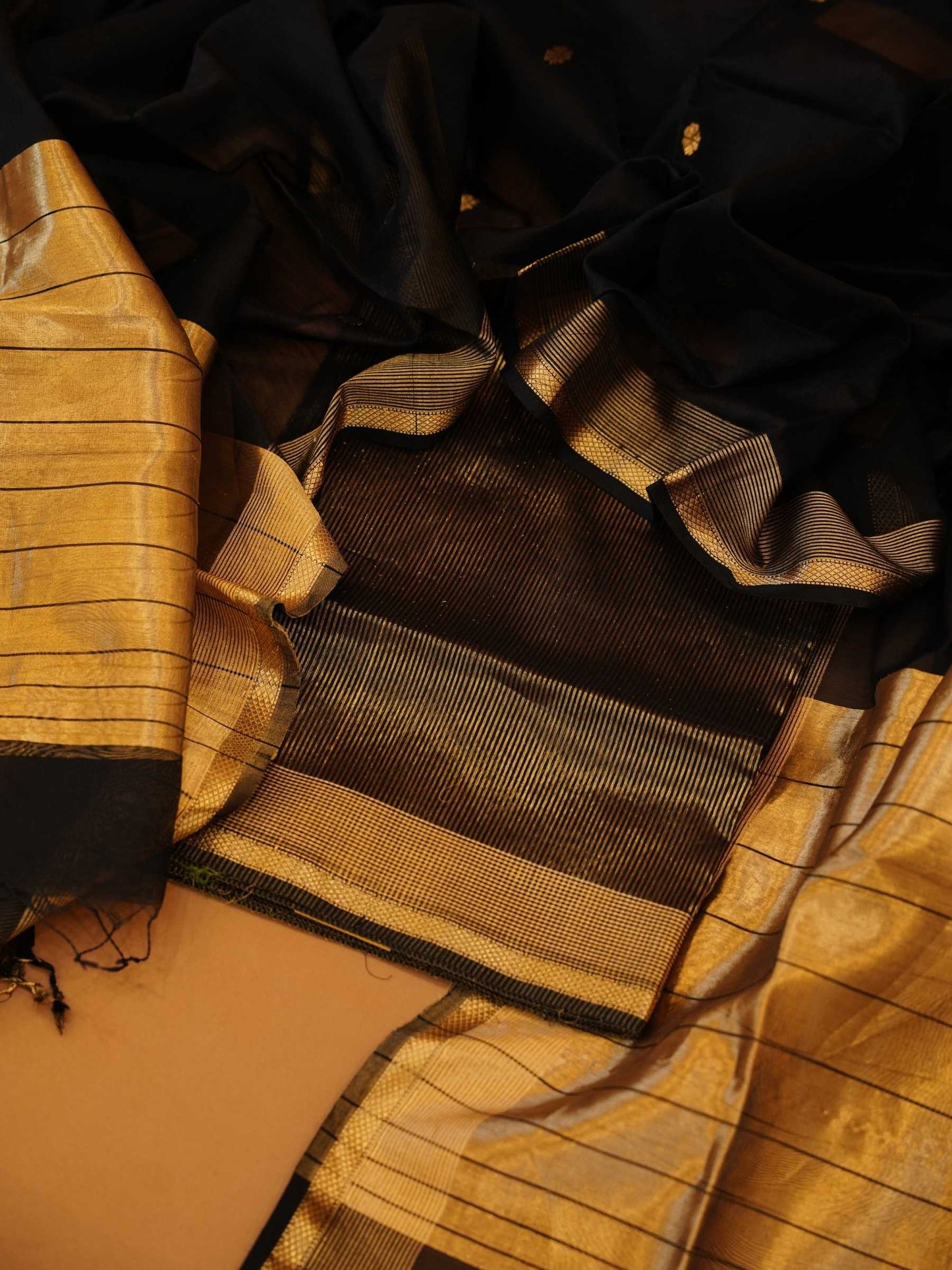 Handloom Jet Black Maheshwari Silk 2-Piece Dress Material with Gold Zari Borders