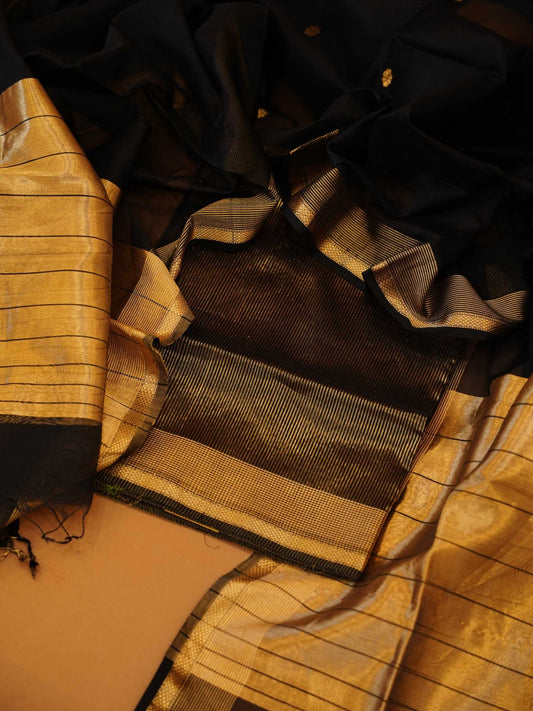 Handloom Jet Black Maheshwari Silk 2-Piece Dress Material with Gold Zari Borders