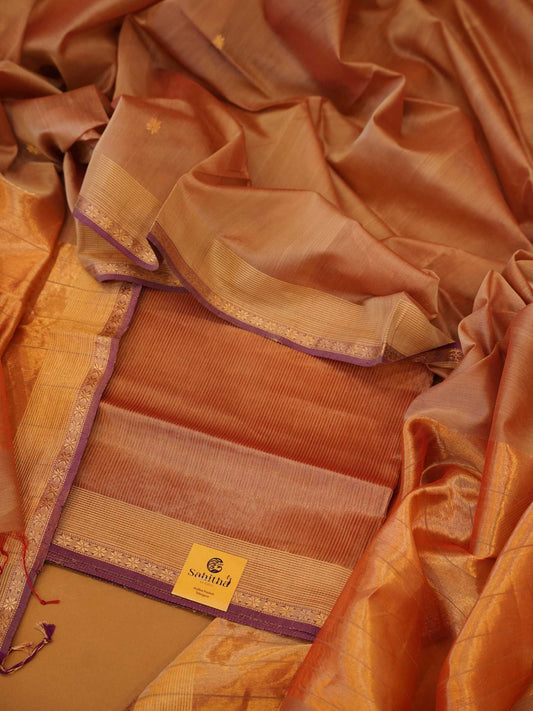 Handloom Metallic Copper-Bronze Maheshwari Silk 2-Piece Dress Material with Gold Zari Borders