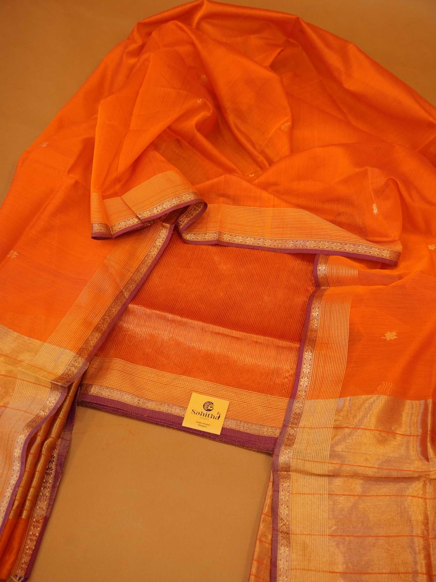 Handloom Vibrant Tangerine Orange Maheshwari Silk 2-Piece Dress Material with Gold Zari Borders