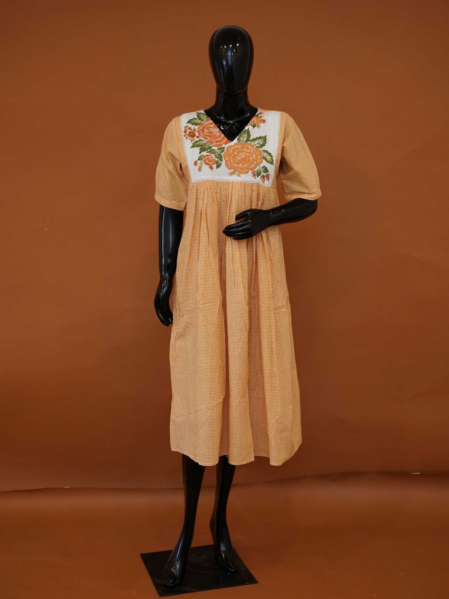 Handloom Orange Gingham Mul Cotton Frock Kurti | Gathered Floral Midi Dress- Medium to 3XL