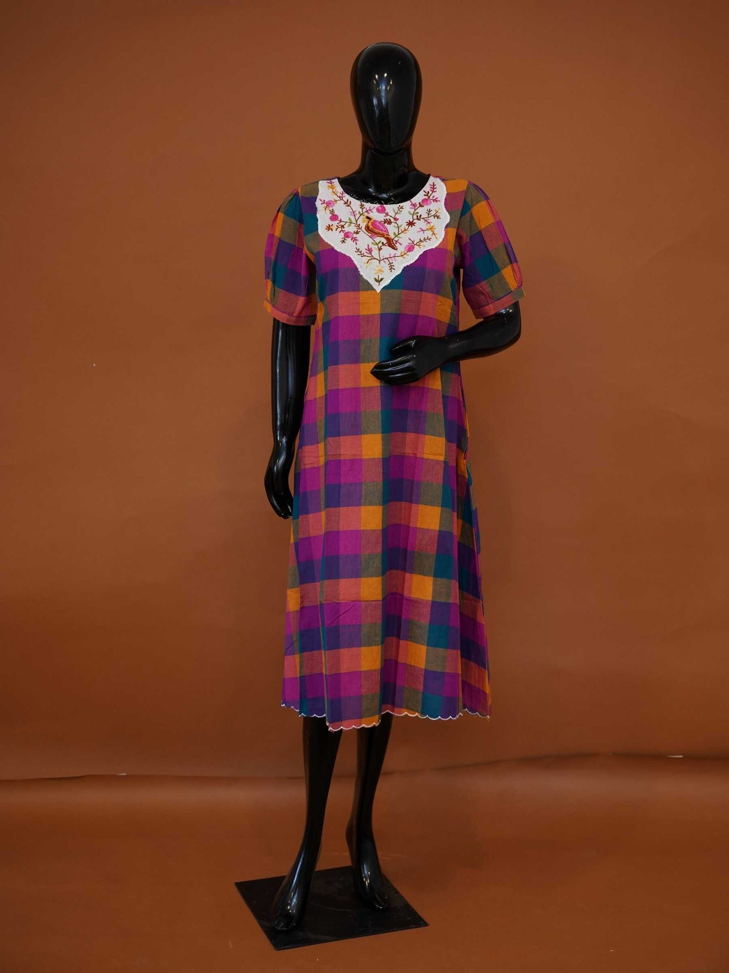 Madras Checks Cotton Midi Dress with Embroidered Applique Yoke - Medium to 2XL