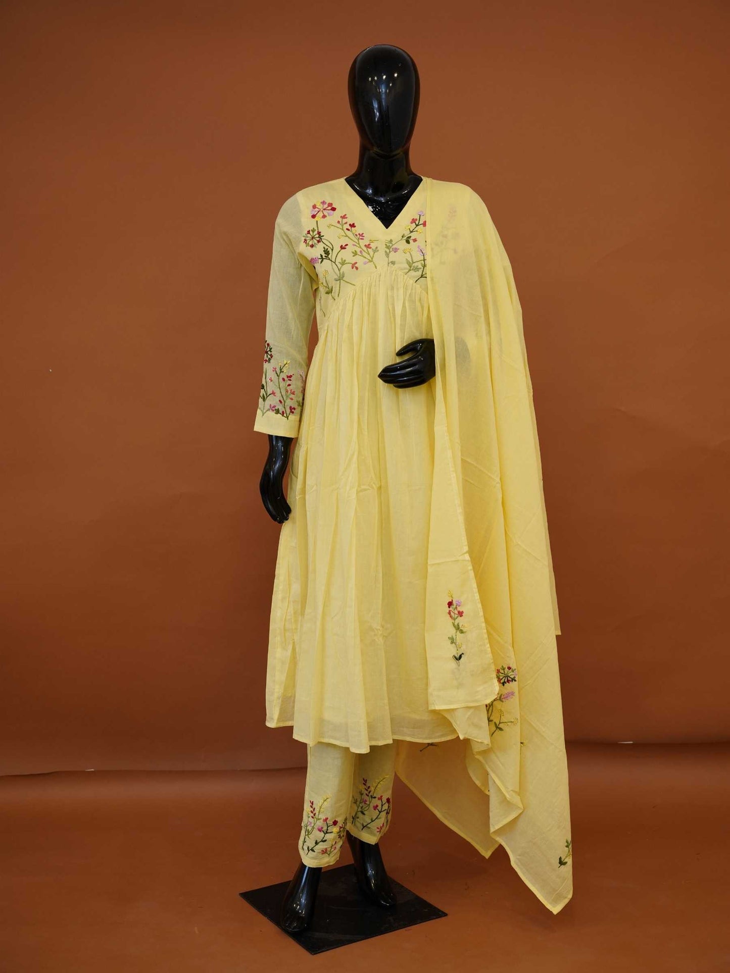 Handloomed Primrose Yellow Mul Cotton 3-Piece Anarkali Set with Wildflower Embroidery – M to 6XL