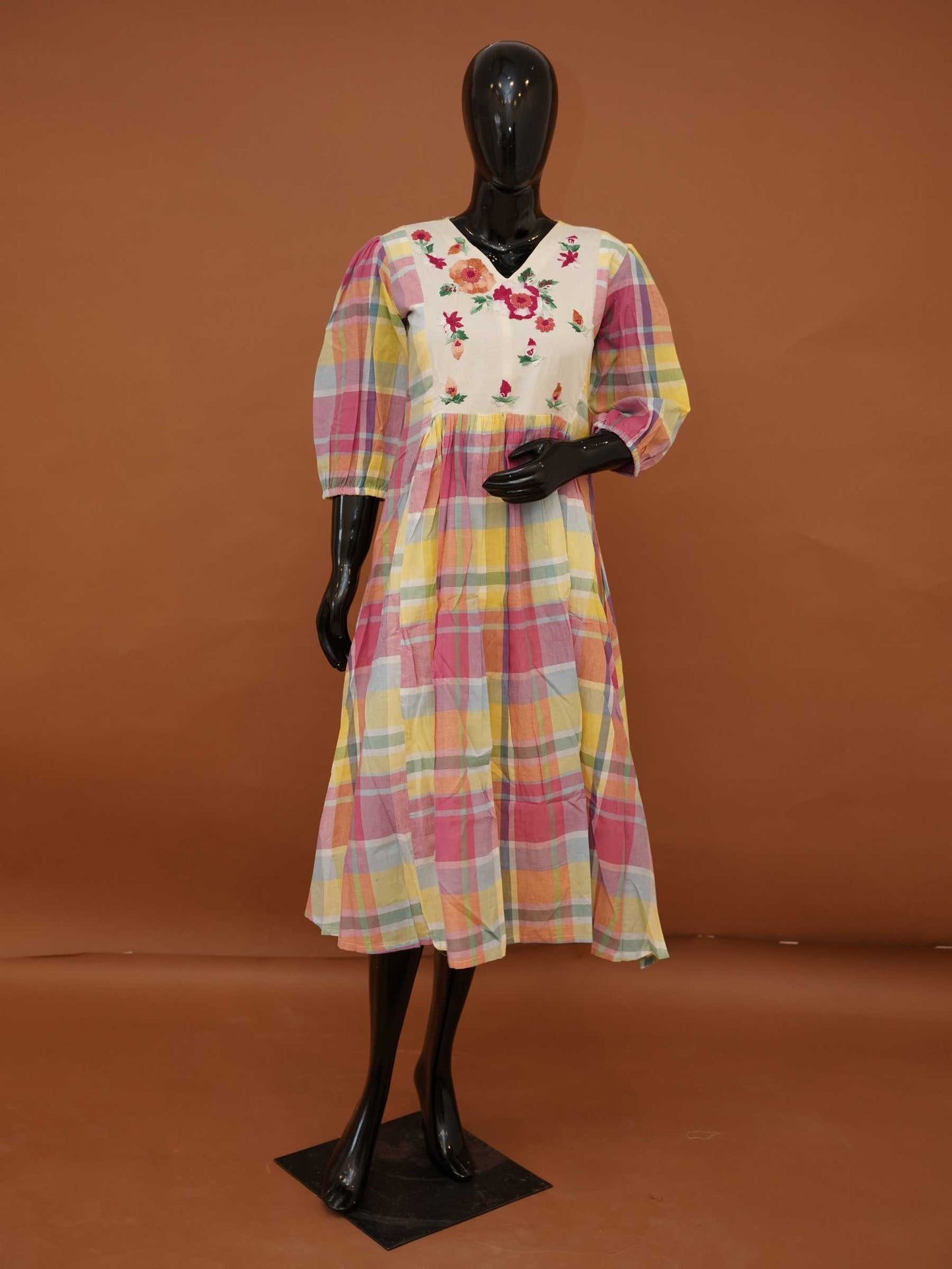 Madras Checks Cotton Yellow Midi Dress with Embroidered Applique Yoke - Medium to 3XL