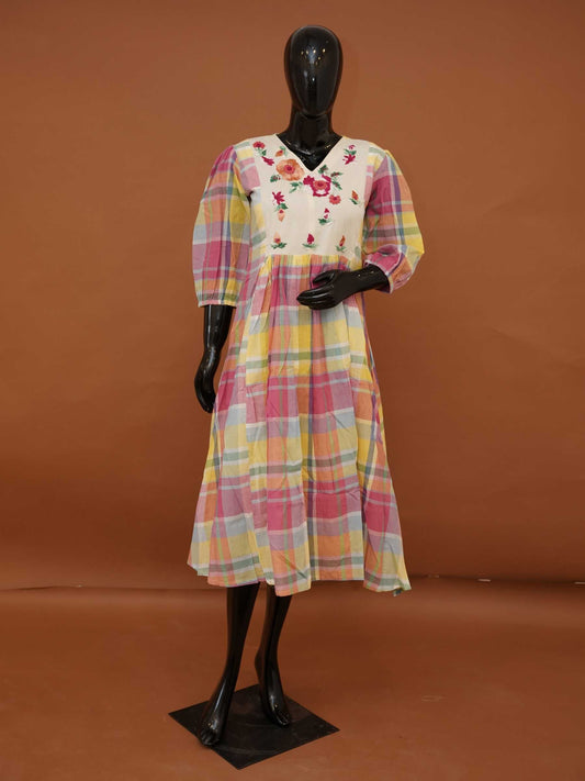 Madras Checks Cotton Yellow Midi Dress with Embroidered Applique Yoke - Medium to 3XL