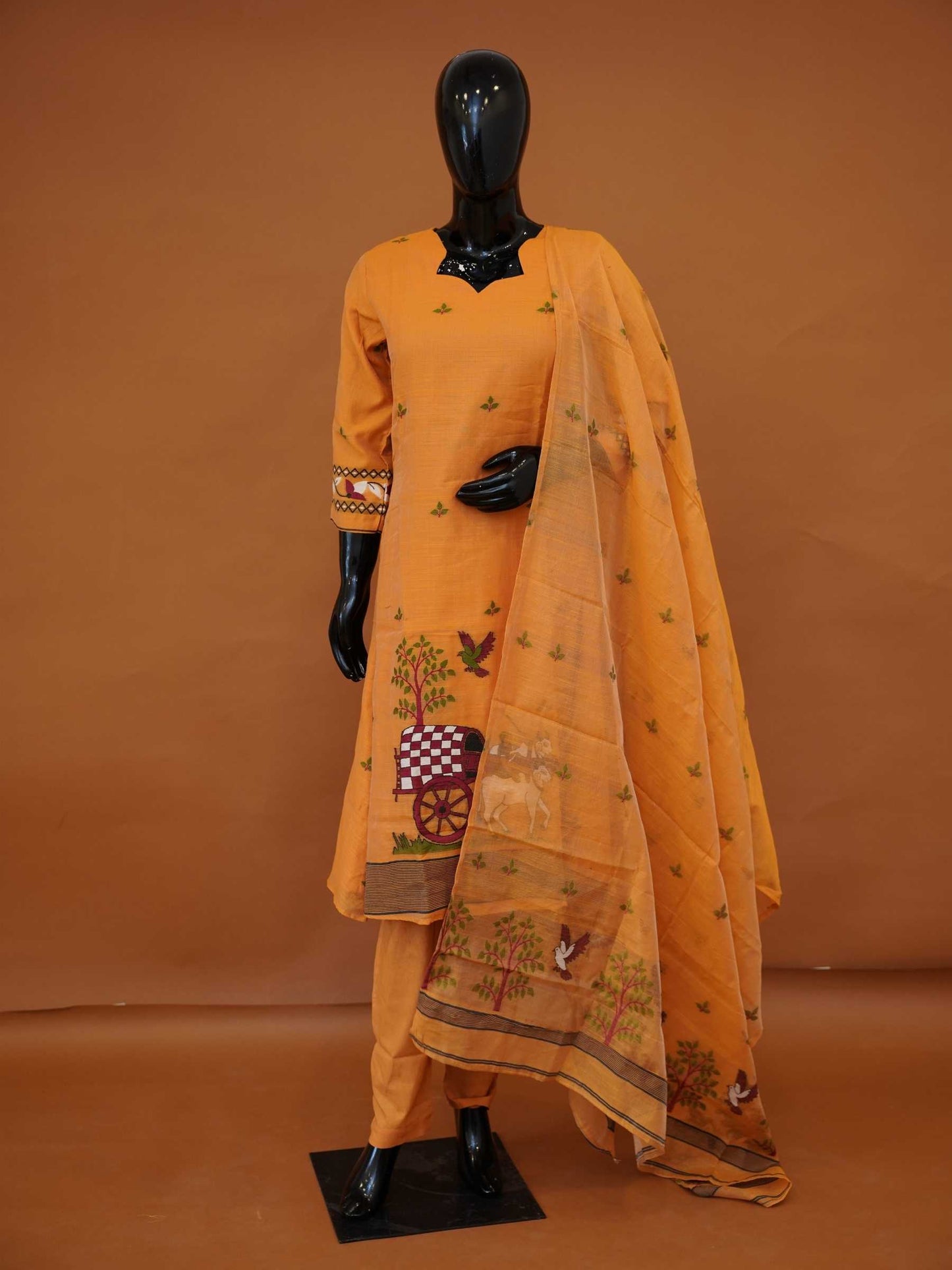 Handloomed Mustard Yellow Jamdani Cotton 3-Piece Suit with Woven Artisan Village Scene – M to 3XL