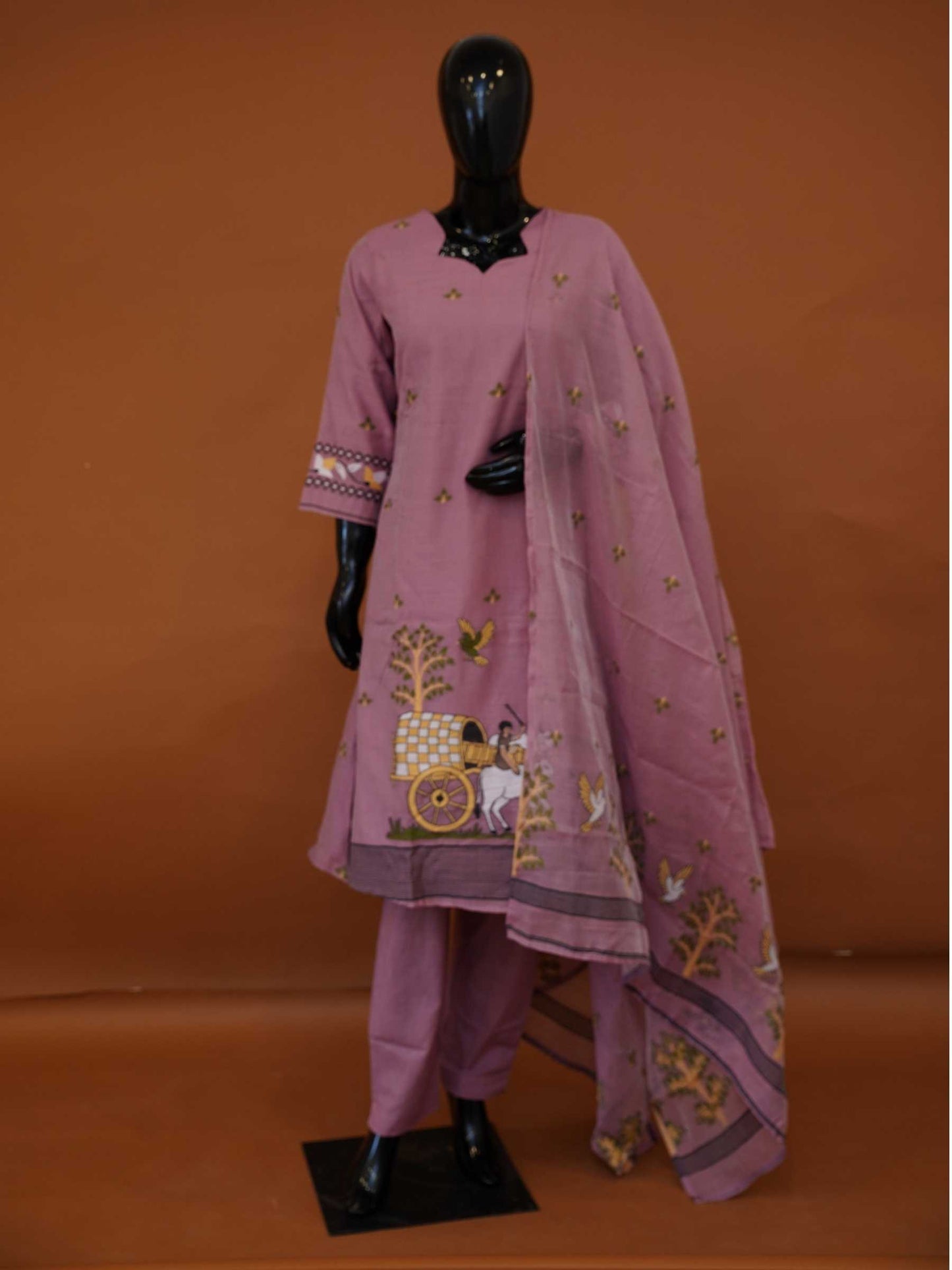 Handloomed Dusty Rose Jamdani Cotton 3-Piece Suit with Woven Artisan Village Scene – M to 3XL