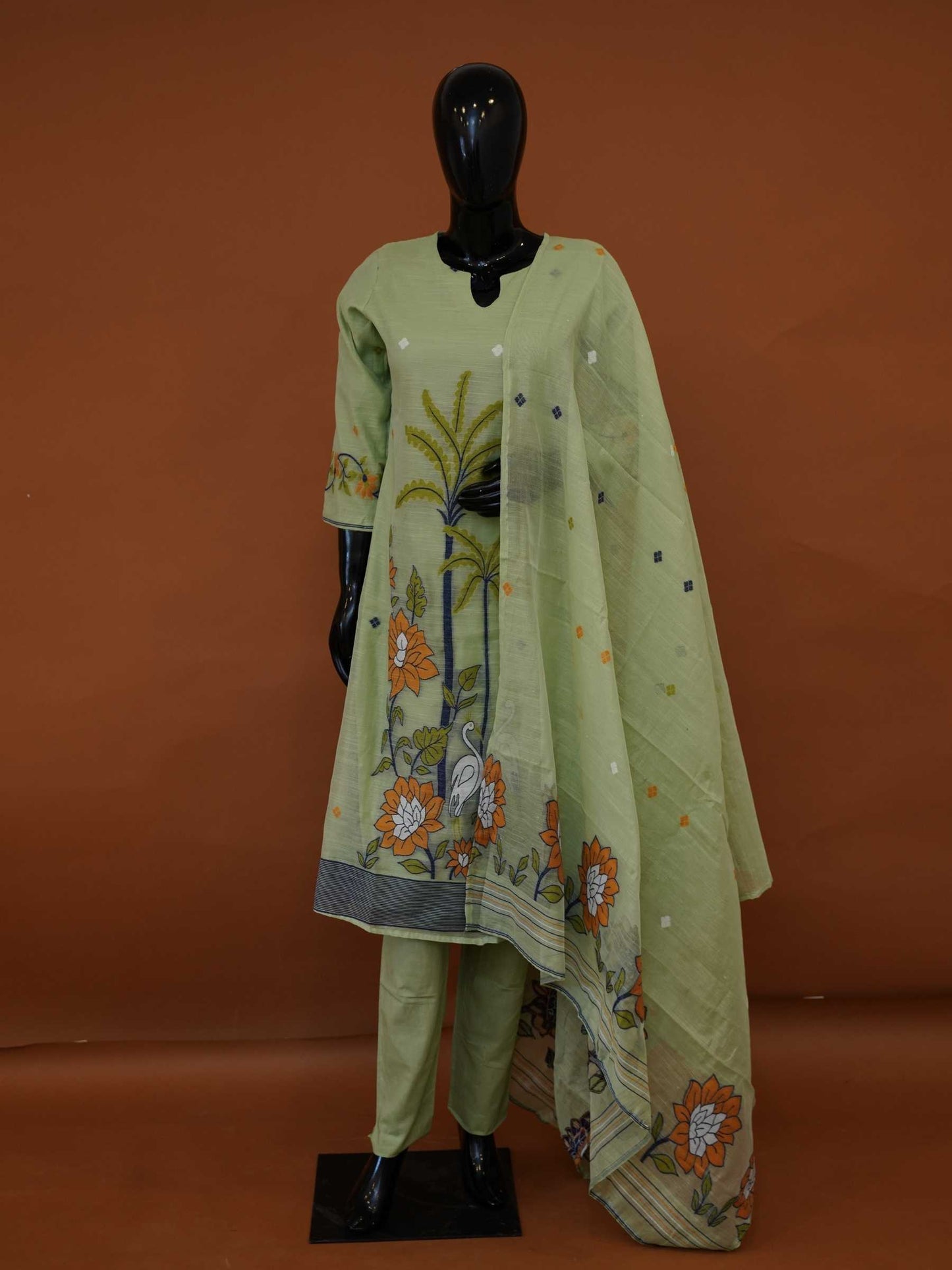 Handloomed Mint Green Jamdani Cotton 3-Piece Suit with Woven Lotus & Swan Motifs – M to 3XL