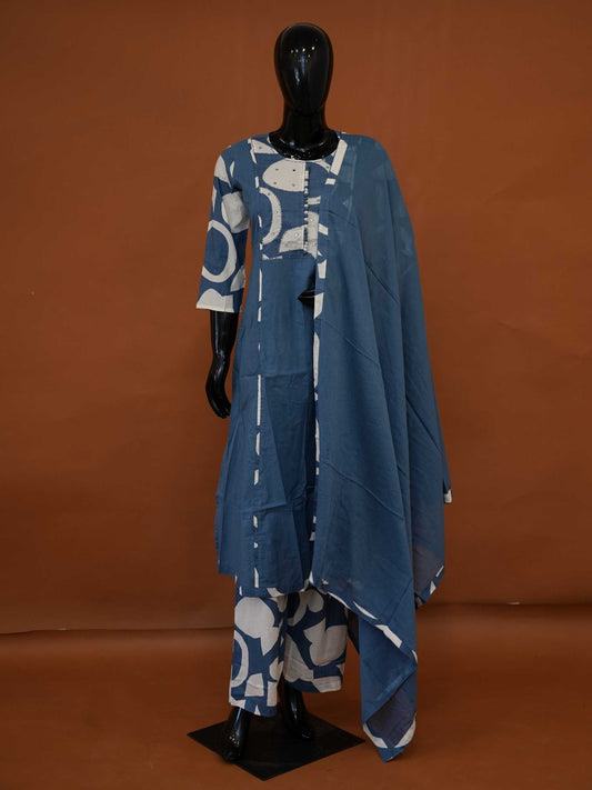 Handcrafted Slate Blue Jaipur Cotton 3-Piece Flared Kurta Set with Abstract Prints – M to 2XL
