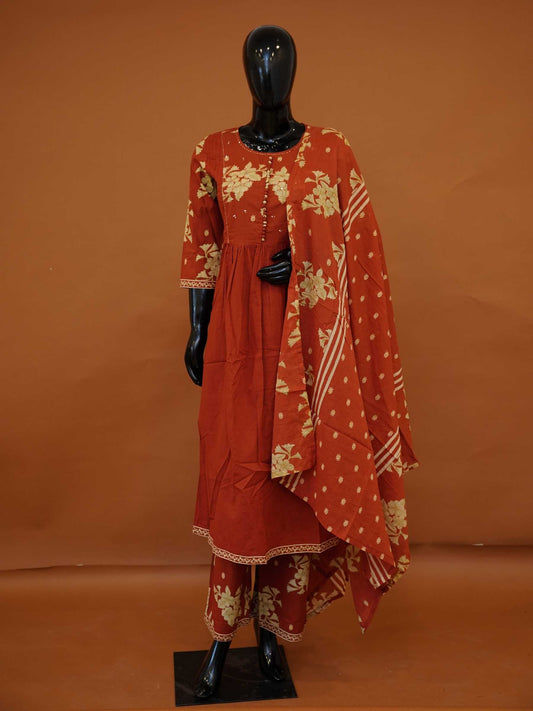 Handcrafted Rust Orange Jaipur Cotton 3-Piece Flared Anarkali Set with Floral Block Prints – M to 2XL