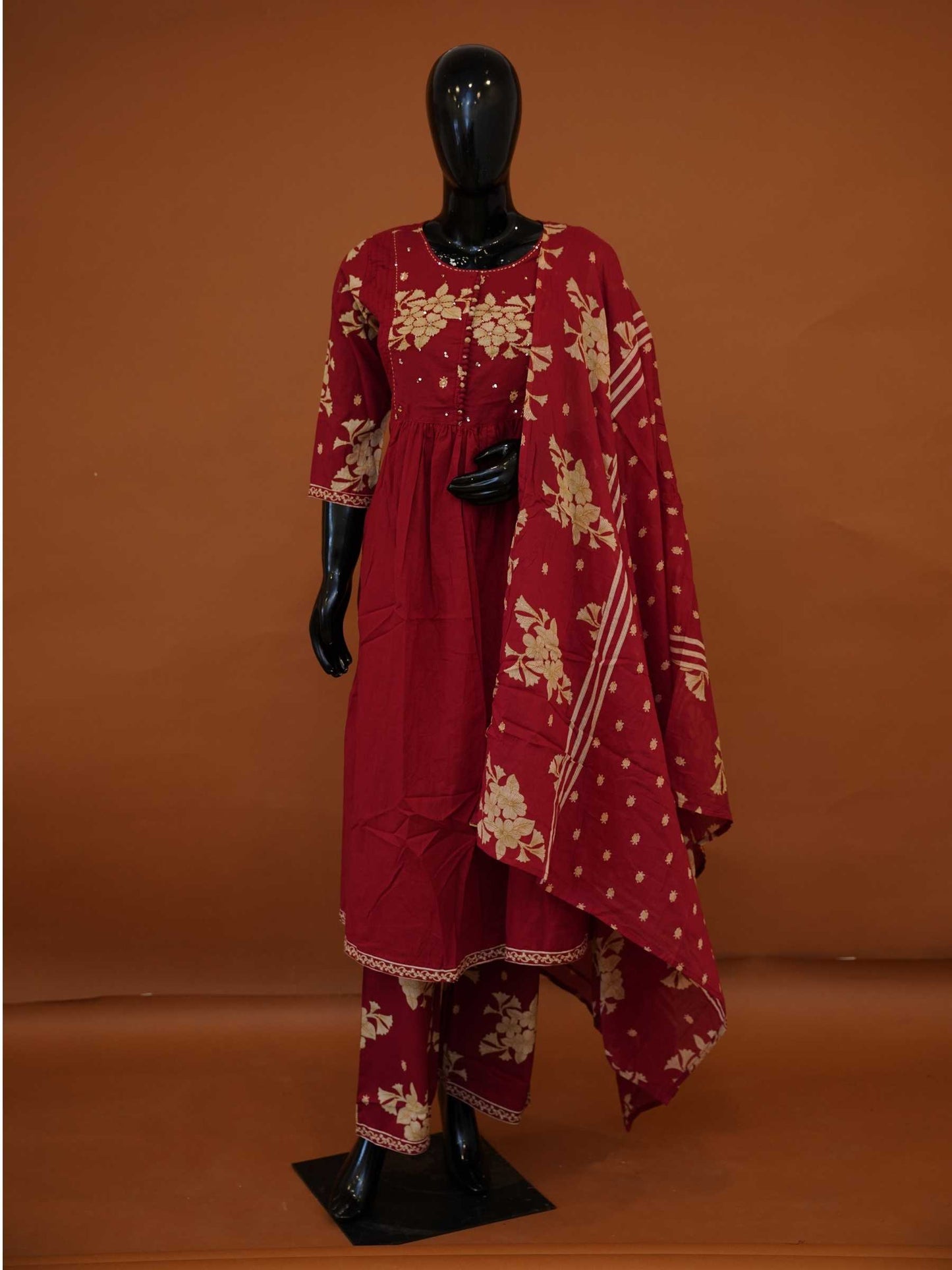 Handcrafted Maroon Jaipur Cotton 3-Piece Flared Anarkali Set with Floral Block Prints – M to 2XL