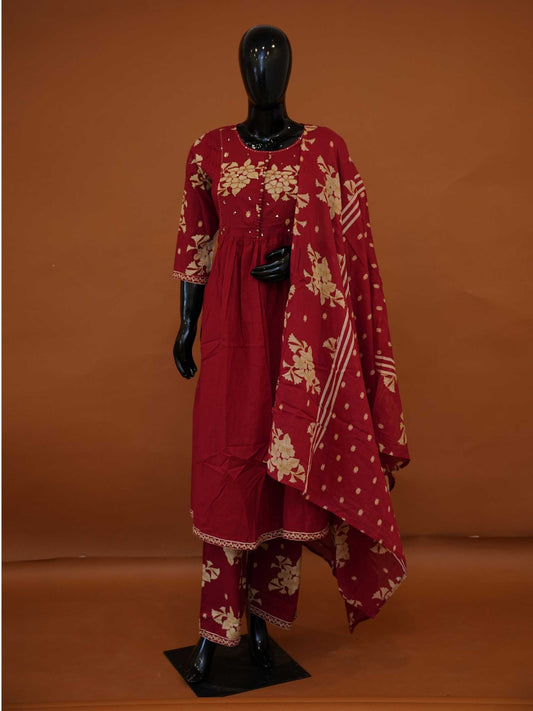 Handcrafted Maroon Jaipur Cotton 3-Piece Flared Anarkali Set with Floral Block Prints – M to 2XL
